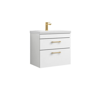 Balterley Millwich 2 Drawer Wall Hung Vanity Basin Unit600mmGloss White With Brushed Brass D-Shaped Handles (Tap Not Included) from B&Q
