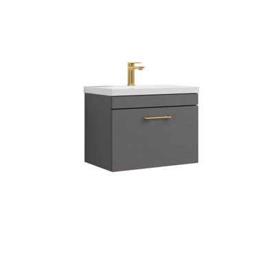 Balterley Rio 1 Drawer Wall Hung Vanity Basin Unit - 600Mm - Gloss With Brushed Brass D Handle (Tap Not Included) Grey
