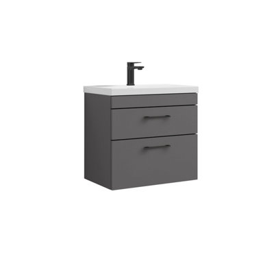 B&Q - Rio 2 Drawer Wall Hung Vanity Basin Unit600mmGloss Grey With Square Black D-Shaped Handles (Tap Not Included)