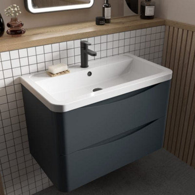 Nuie 600mm Wall Hung 2 Drawer Vanity & Ceramic Basin - Satin Blue - Image 4