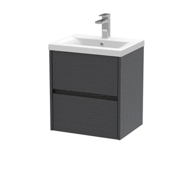 Nuie Havana Wall Hung 2 Drawer Vanity Unit & Mid-Edge Ceramic Basin, Contemporary Sink Vanity Unit In Graphite With Grey/White