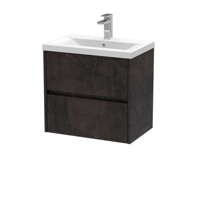 B&Q -  Havana Wall Hung 2 Drawer Vanity Basin Unit & Mid-Edge Ceramic BasinModern Sink Vanity Unit In Metallic Slate With White