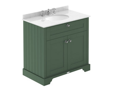 B&Q -  Floor Standing 2 Door Traditional Vanity Unit With 3 Tap Hole White Marble Top & BasinHunter Green820 X 470 mm