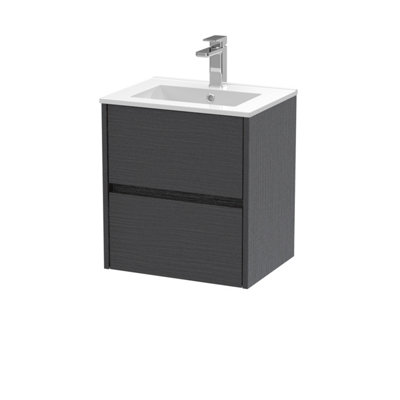 Nuie Havana Wall Hung 2 Drawer Vanity Unit & Minimalist Ceramic Basin, Contemporary Sink Vanity Unit In Graphite With Grey/White