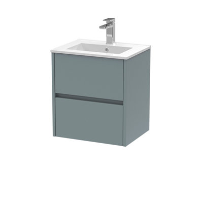 B&Q -  Havana Wall Hung 2 Drawer Vanity Basin Unit &  Minimalist Ceramic BasinModern Sink Vanity Unit In Coastal Grey With White