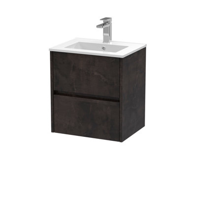 B&Q -  Havana Wall Hung 2 Drawer Vanity Basin Unit & Minimalist Ceramic BasinModern Sink Vanity Unit In Metallic Slate With White