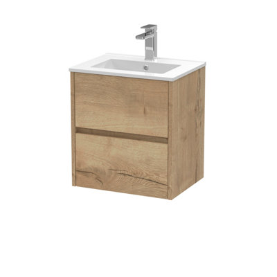 B&Q -  Havana Wall Hung 2 Drawer Vanity Basin Unit & Minimalist Ceramic BasinModern Sink Vanity Unit In Autumn Oak With White