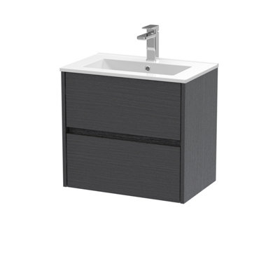 B&Q -  Havana Wall Hung 2 Drawer Vanity Basin Unit & Minimalist Ceramic BasinModern Sink Vanity Unit In Graphite Grey With White
