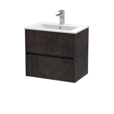 B&Q -  Havana Wall Hung 2 Drawer Vanity Basin Unit & Minimalist Ceramic BasinModern Sink Vanity Unit In Metallic Slate With White