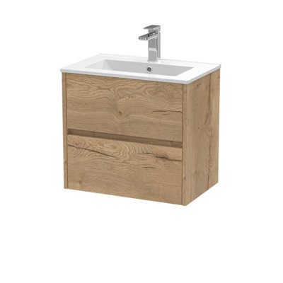 B&Q -  Havana Wall Hung 2 Drawer Vanity Basin Unit & Minimalist Ceramic BasinModern Sink Vanity Unit In Autumn Oak With White