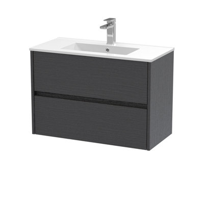 B&Q -  Havana Wall Hung 2 Drawer Vanity Basin Unit & Minimalist Ceramic BasinModern Sink Vanity Unit In Graphite Grey With White