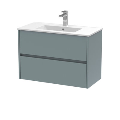 B&Q -  Havana Wall Hung 2 Drawer Vanity Basin Unit & Minimalist Ceramic BasinModern Sink Vanity Unit In Coastal Grey With White
