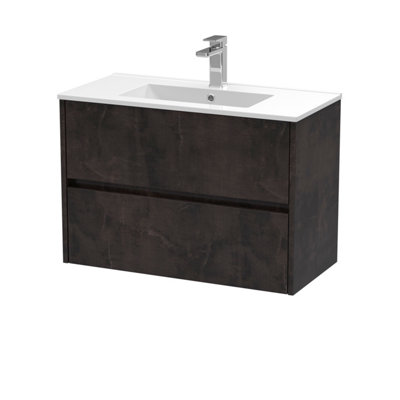 B&Q -  Havana Wall Hung 2 Drawer Vanity Basin Unit & Minimalist Ceramic BasinModern Sink Vanity Unit In Metallic Slate With White
