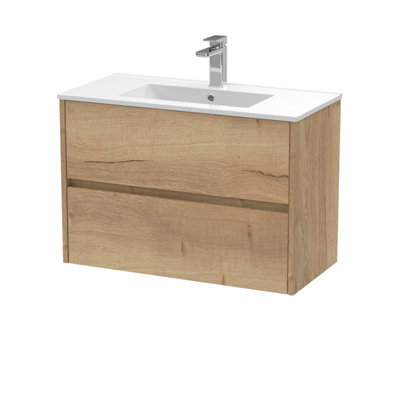 B&Q -  Havana Wall Hung 2 Drawer Vanity Basin Unit & Minimalist Ceramic BasinModern Sink Vanity Unit In Autumn Oak With White