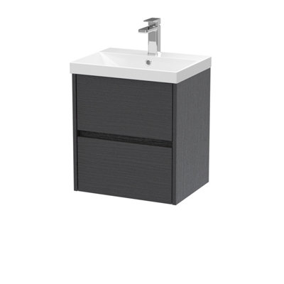 Nuie Havana Wall Hung 2 Drawer Vanity Unit & Thin-Edge Ceramic Basin, Contemporary Sink Vanity Unit In Graphite With Grey/White