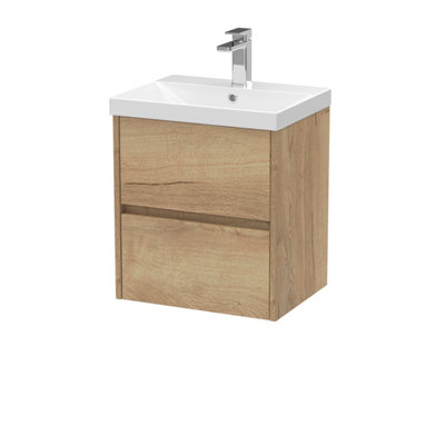 B&Q -  Havana Wall Hung 2 Drawer Vanity Basin Unit & Thin-Edge Ceramic BasinModern Sink Vanity Unit In Autumn Oak With White