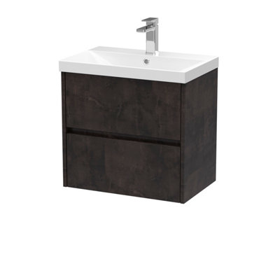B&Q -  Havana Wall Hung 2 Drawer Vanity Basin Unit & Thin-Edge Ceramic BasinModern Sink Vanity Unit In Metallic Slate With White