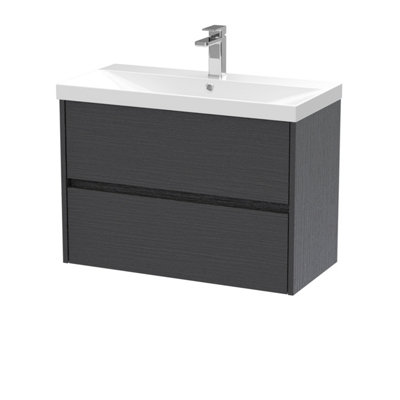Nuie Havana Wall Hung 2 Drawer Vanity Basin Unit & Thin-Edge Ceramic Basin, Modern Sink Vanity Unit In Graphite With Grey/White