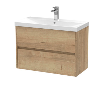 B&Q -  Havana Wall Hung 2 Drawer Vanity Basin Unit & Thin-Edge Ceramic BasinModern Sink Vanity Unit In Autumn Oak With White