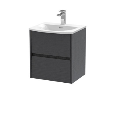 Nuie Havana Wall Hung 2 Drawer Vanity Unit & Curved Ceramic Basin, Contemporary Sink Vanity Unit In Graphite With Grey/White