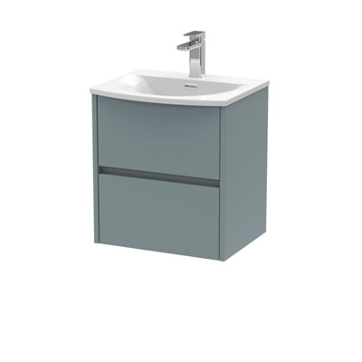 Nuie Havana Wall Hung 2 Drawer Vanity Basin Unit & Curved Ceramic Basin, Modern Sink Vanity Unit In Coastal With Grey/White