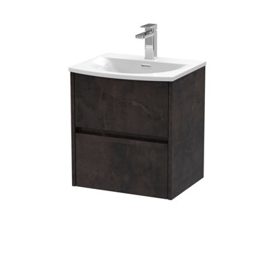 Nuie Havana Wall Hung 2 Drawer Vanity Basin Unit & Curved Ceramic Basin, Modern Sink Vanity Unit In Metallic Slate With White