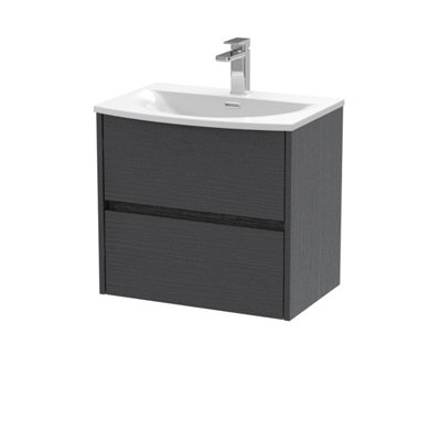 Nuie Havana Wall Hung 2 Drawer Vanity Basin Unit & Curved Ceramic Basin, Modern Sink Vanity Unit In Graphite With Grey/White