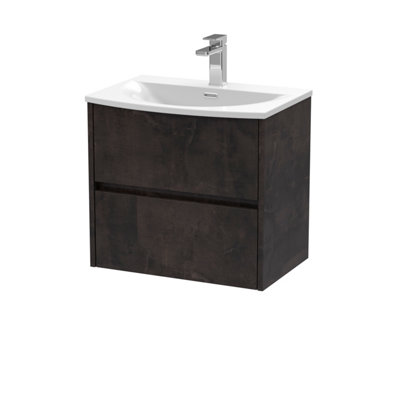 Nuie Havana Wall Hung 2 Drawer Vanity Basin Unit & Curved Ceramic Basin, Modern Sink Vanity Unit In Metallic Slate With White