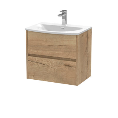 Nuie Havana Wall Hung 2 Drawer Vanity Basin Unit & Curved Ceramic Basin, Modern Sink Vanity Unit In Autumn Oak With Basin White