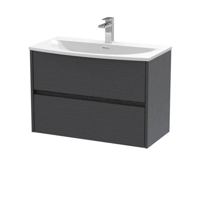 B&Q -  Havana Wall Hung 2 Drawer Vanity Basin Unit & Curved Ceramic BasinModern Sink Vanity Unit In Graphite Grey With White
