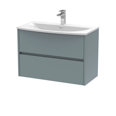 B&Q -  Havana Wall Hung 2 Drawer Vanity Basin Unit & Curved Ceramic BasinModern Sink Vanity Unit In Coastal Grey With White