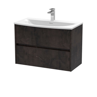 B&Q -  Havana Wall Hung 2 Drawer Vanity Basin Unit & Curved Ceramic BasinModern Sink Vanity Unit In Metallic Slate With White