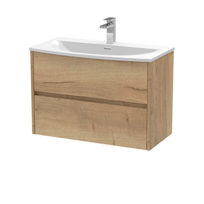 B&Q -  Havana Wall Hung 2 Drawer Vanity Basin Unit & Curved Ceramic BasinModern Sink Vanity Unit In Autumn Oak With White Basin