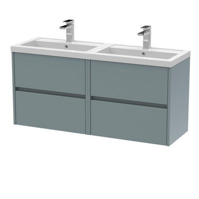 B&Q -  Havana Wall Hung 4 Drawer Vanity Basin Unit & Double Polymarble BasinModern Sink Vanity Unit In Coastal Grey With White
