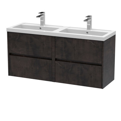B&Q -  Havana Wall Hung 4 Drawer Vanity Basin Unit & Double Polymarble BasinModern Sink Vanity Unit In Metallic Slate With White