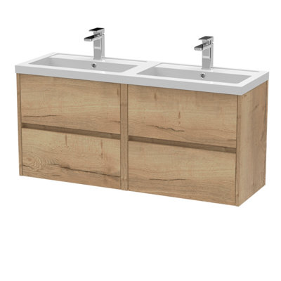 B&Q -  Havana Wall Hung 4 Drawer Vanity Basin Unit & Double Polymarble BasinModern Sink Vanity Unit In Autumn Oak With White