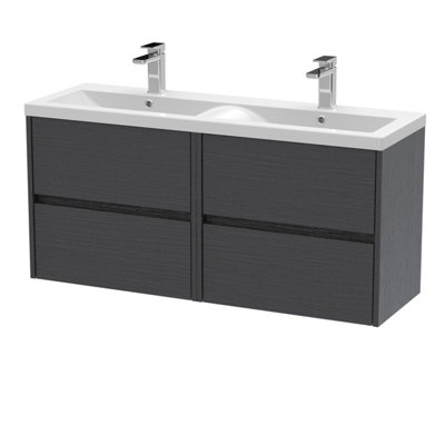B&Q -  Havana Wall Hung 4 Drawer Vanity Basin Unit & Double Ceramic BasinModern Sink Vanity Unit In Graphite Grey With White