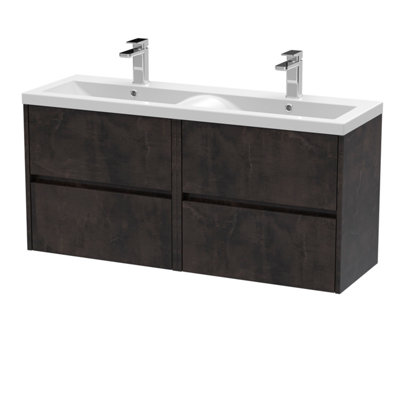 B&Q -  Havana Wall Hung 4 Drawer Vanity Basin Unit & Double Ceramic BasinModern Sink Vanity Unit In Metallic Slate With White