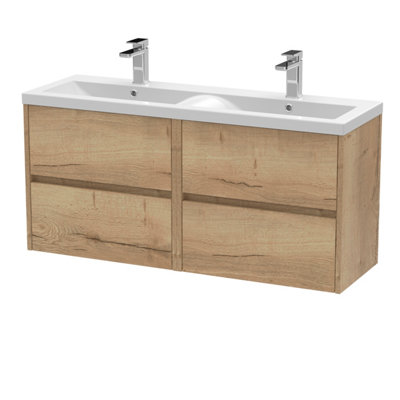 B&Q -  Havana Wall Hung 4 Drawer Vanity Basin Unit & Double Ceramic BasinModern Sink Vanity Unit In Autumn Oak With White Basin