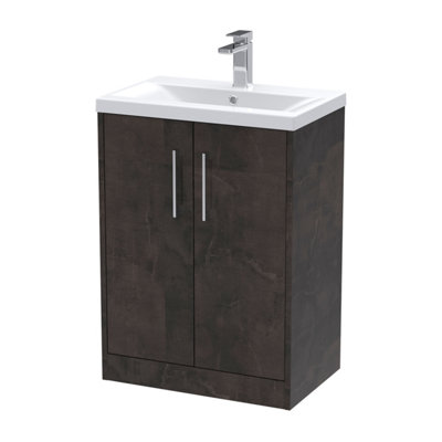 B&Q -  Juno Floor Standing 2 Soft Close Door Vanity Unit With Mid-Edge Ceramic 1 Tap Hole Basin In Metallic Slate600mm