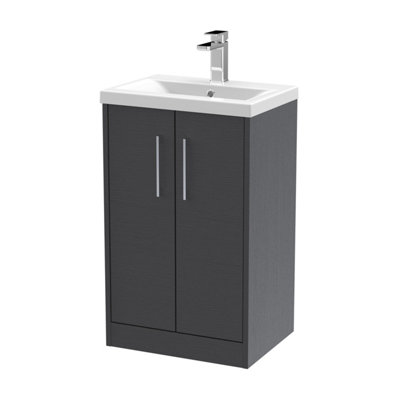 Hudson Reed Juno Floor Standing 2 Soft Close Door Vanity Unit With Mid-Edge 1 Tap Hole Basin In Graphite Grey Woodgrain500mm from B&Q