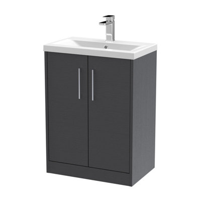 B&Q -  Juno Floor Standing 2 Soft Close Door Vanity Unit With Mid-Edge 1 Tap Hole Basin In Graphite Grey Woodgrain600mm