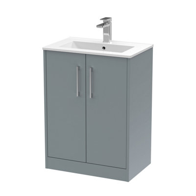 B&Q -  Juno Floor Standing 2 Soft Close Door Vanity Unit With Minimalist 1 Tap Hole Basin In Coastal Grey Finish600mm