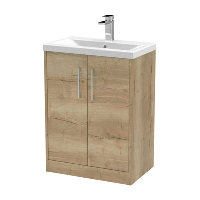 B&Q -  Juno Floor Standing 2 Soft Close Door Vanity Unit With Mid-Edge 1 Tap Hole Basin In Autumn Oak Finish600mm
