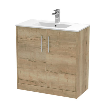 B&Q -  Juno Floor Standing 2 Soft Vanity Unit And Minimalist 1 Tap Hole Basin In Autumn Oak Woodgrain Finish800mm