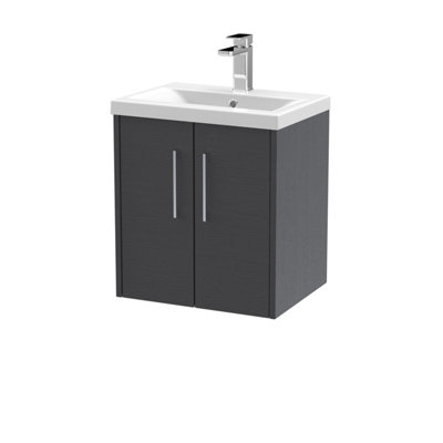 Hudson Reed Juno Wall Hung 2 Soft Close Door Vanity Unit With Mid-Edge 1 Tap Hole Basin In Graphite Grey Woodgrain500mm from B&Q