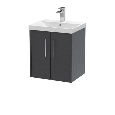 B&Q -  Juno Wall Hung 2 Soft Close Door Vanity Unit With Thin-Edge 1 Tap Hole Basin In Graphite Grey Woodgrain Finish500mm