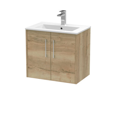 B&Q -  Juno Wall Hung Double Soft Close Door Vanity Unit With Minimalist 1 Tap Hole Basin In Autumn Oak Finish600mm