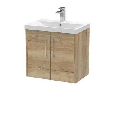 B&Q -  Juno Wall Hung Double Soft Close Door Vanity Unit With Thin-Edge 1 Tap Hole Basin In Autumn Oak Finish600mm