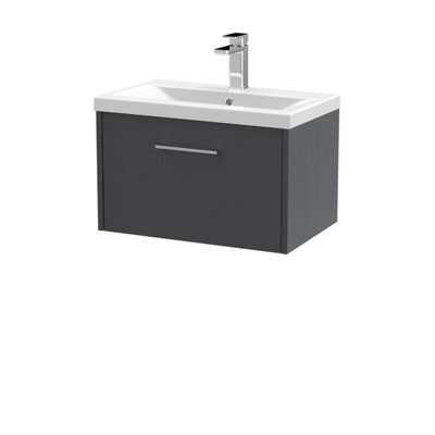 B&Q -  Juno Wall Hung Vanity Unit With Single Drawer With Mid-Edge 1 Tap Hole Basin In Graphite Grey Woodgrain Finish600mm